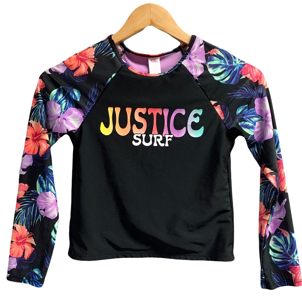 Justice Surf Rash Guard Black Long Sleeve Swim Beach | Girl Size 7/8 Medium M